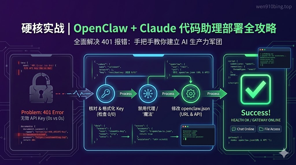 Featured image of post 拒绝 401 报错！手把手教你建立 AI 生产力军团：OpenClaw + Claude Code 深度部署全攻略